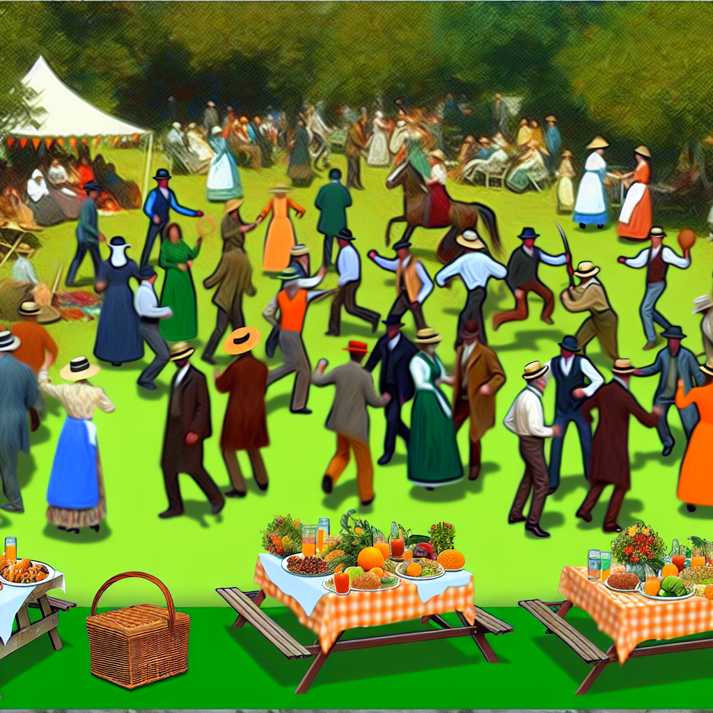 A lively outdoor scene with people celebrating Monday 10, featuring decorations in green and orange colors, picnic tables with food, and various fun activities