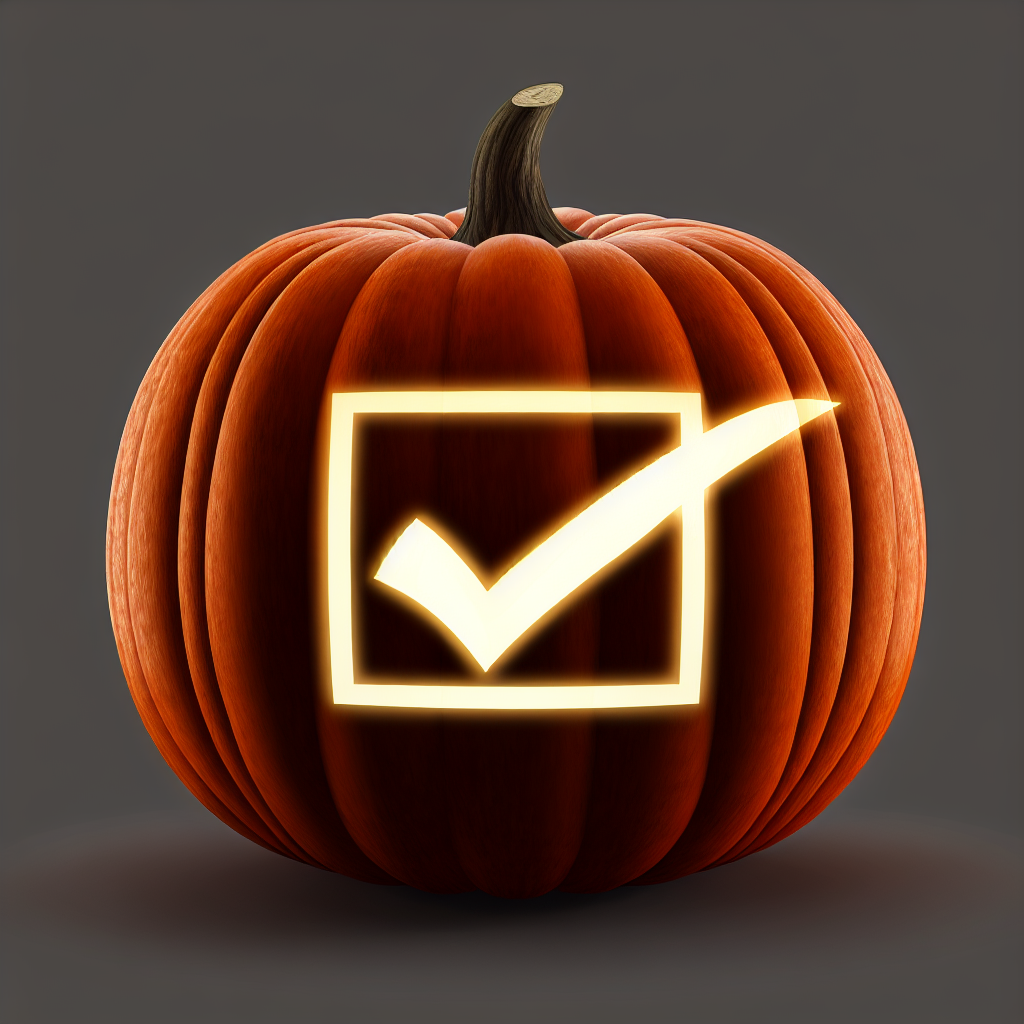 Illustration of a jack-o-lantern with a checkmark, indicating successful registration for the Monday event