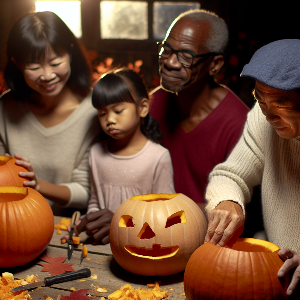 A group of people gathered around a table carving pumpkins into jack-o-lanterns