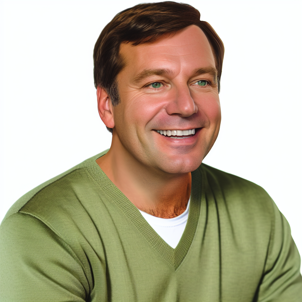 Portrait of John Smith, a friendly-looking man in his 40s with short brown hair and a warm smile, wearing a green sweater