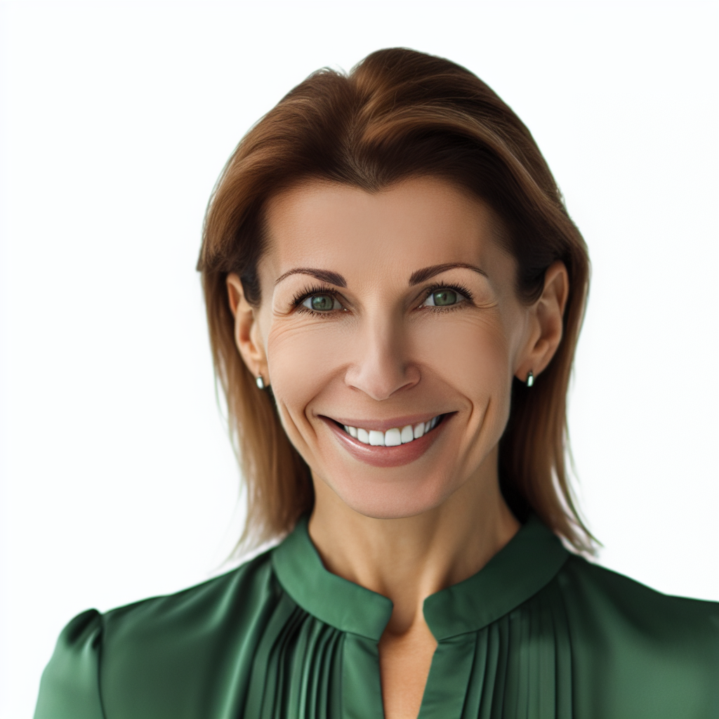 Professional headshot of Emily Johnson smiling warmly at the camera, wearing a green blouse that complements her friendly demeanor