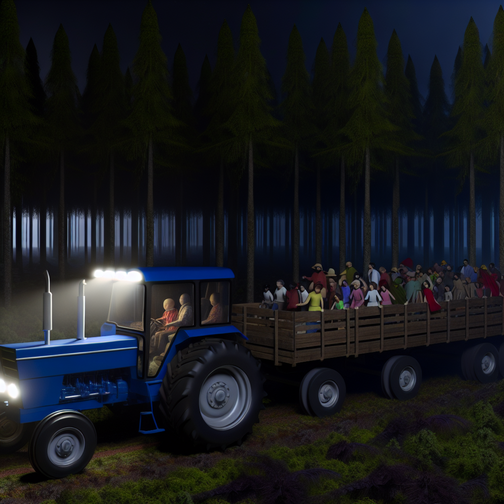 A tractor pulling a wagon full of people through a spooky forest at night