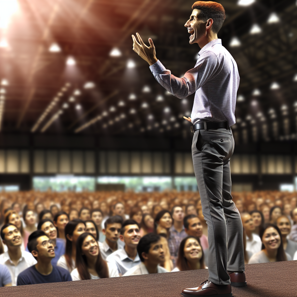 John Smith giving a presentation to a large audience, gesturing enthusiastically as he speaks