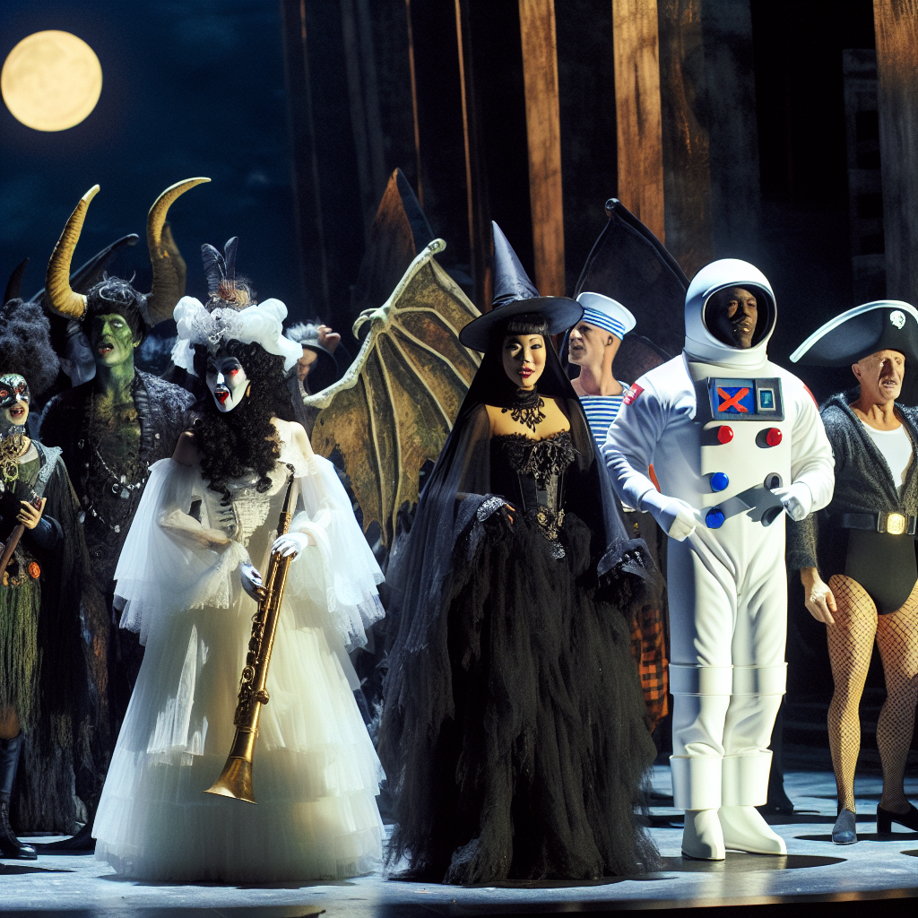 People dressed in elaborate Halloween costumes posing on a stage