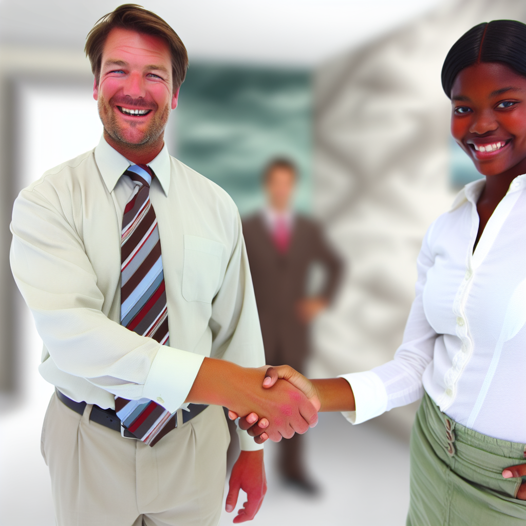 John Smith shaking hands with a smiling colleague in an office setting