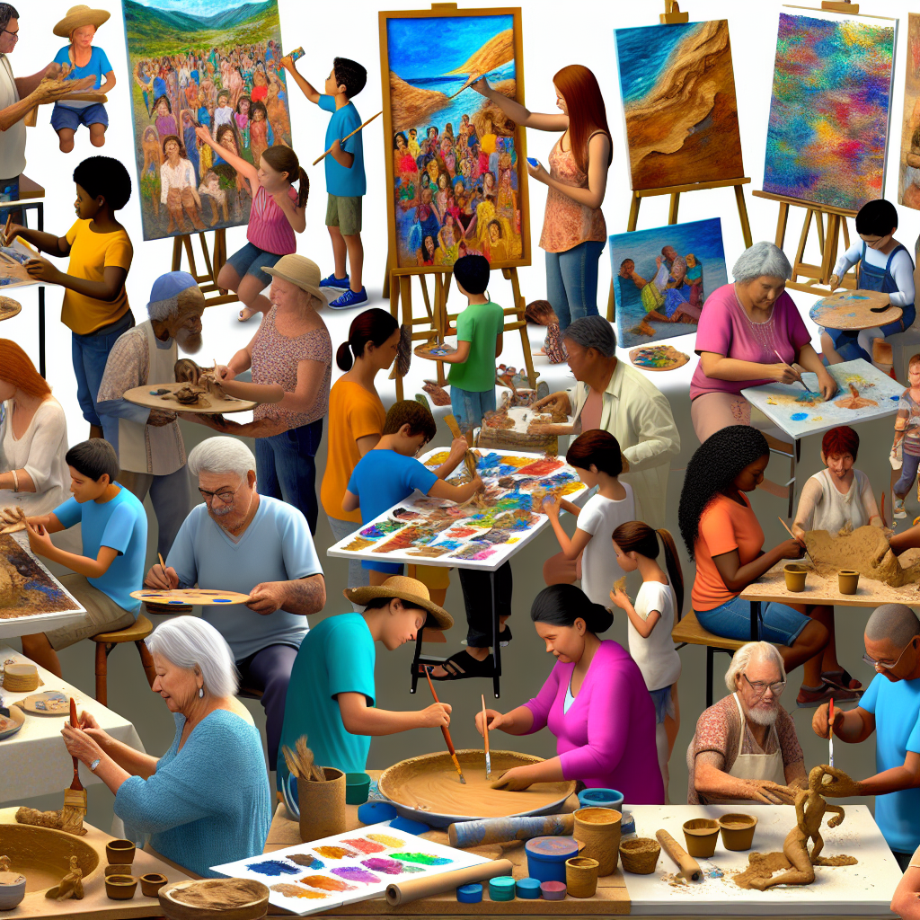 People of all ages participating in arts and crafts activities, creating colorful paintings, sculptures, and more