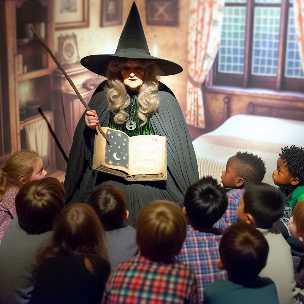 A woman in a witch costume reading a scary story to a group of children