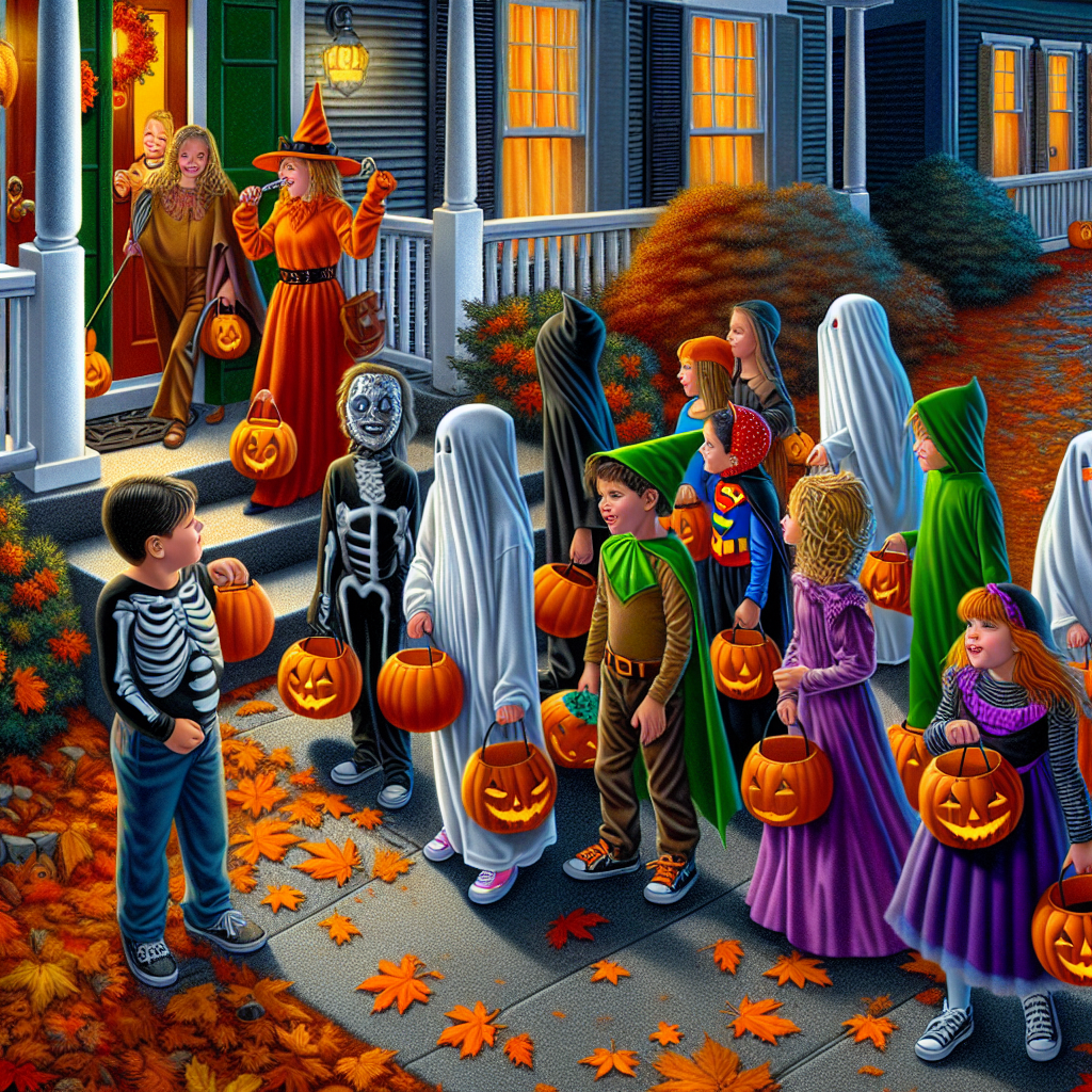 Children in Halloween costumes walking down a street collecting candy