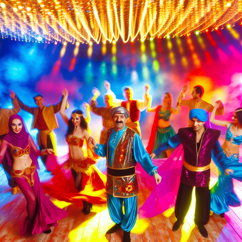 People in costumes dancing under colorful lights